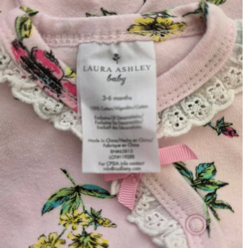 Laura Ashley Baby‎ Girl Floral Footed Sleeper Pink Lace Bows 3-6 Months Cotton